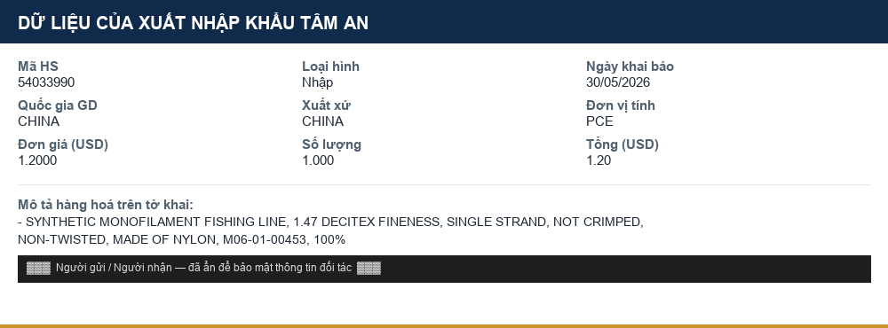 Mô tả hàng hoá thực tế: Sợi filament tái tạo (trừ chỉ khâu) nhập khẩu (mã HS 54034190)