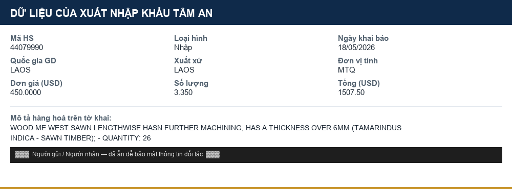 Mô tả hàng hoá thực tế: Gỗ me tây xẻ (Tamarind Wood) (mã HS 44079990)